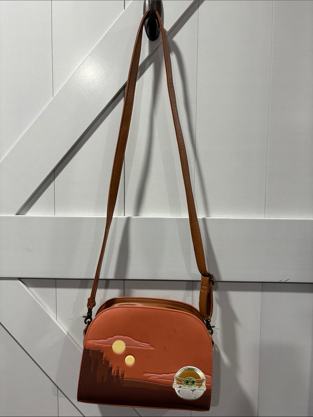 Loungefly Brown and Orange Crossbody Bag with Baby Yoda Patch